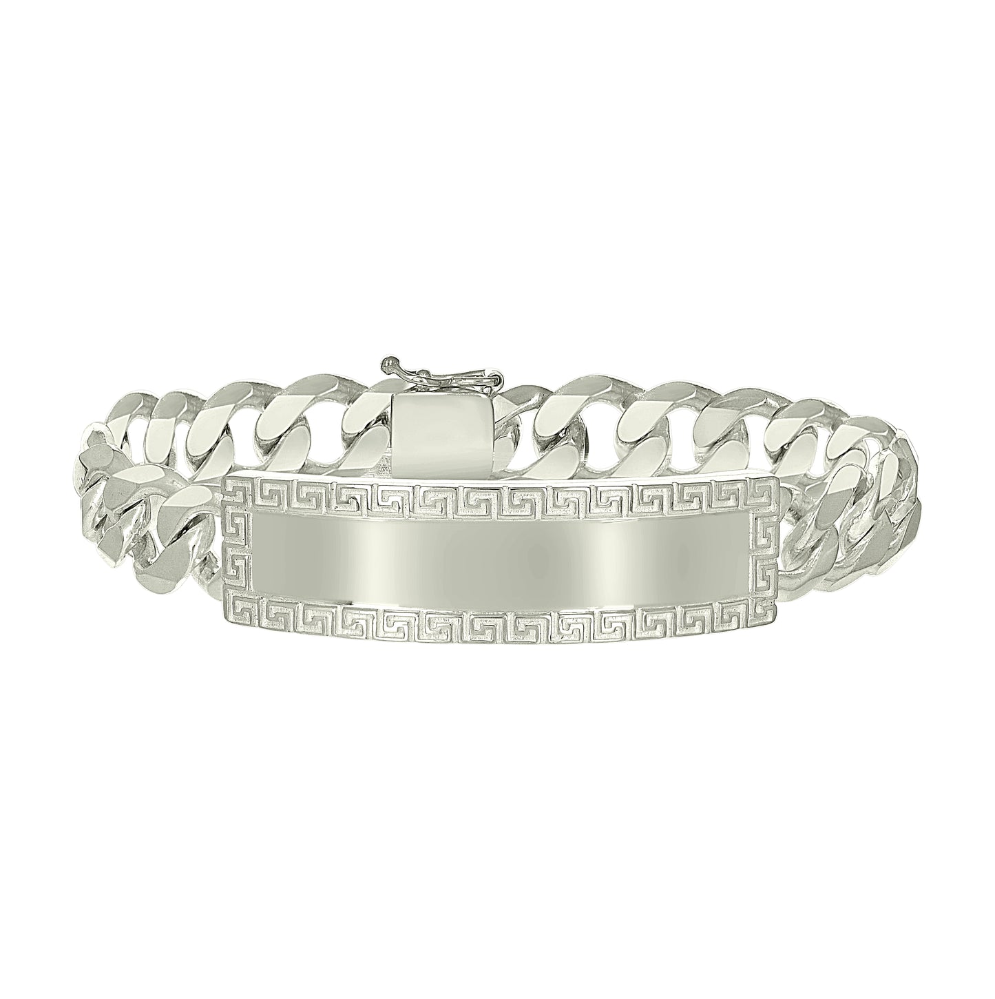 Sterling Silver Mens Cuban Link Greek Key ID Bracelet Size 8 Inches