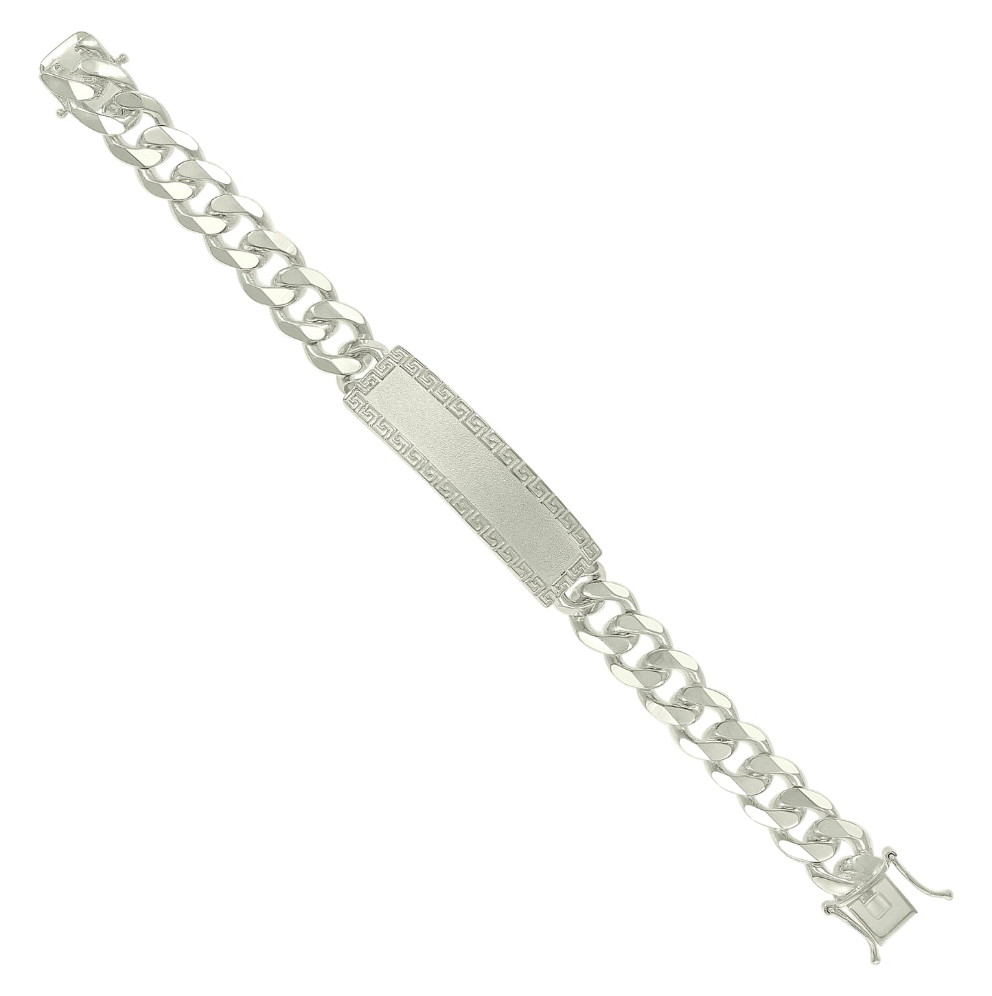 Sterling Silver Mens Cuban Link Greek Key ID Bracelet Size 8 Inches