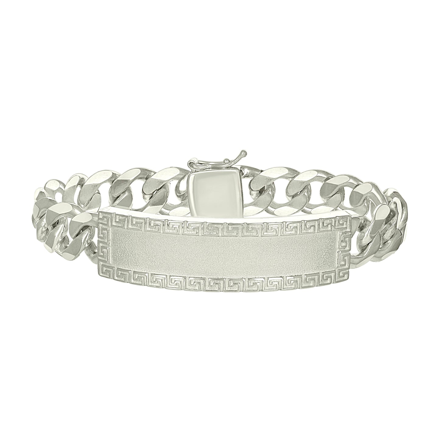 Sterling Silver Mens Cuban Link Greek Key ID Bracelet Size 8 Inches