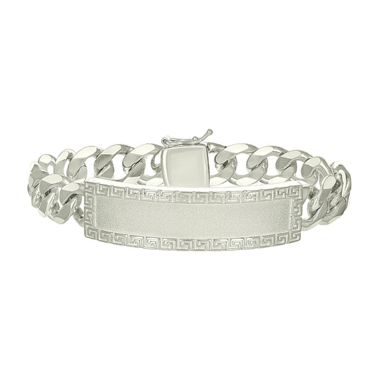 Sterling Silver Mens Cuban Link Greek Key ID Bracelet Size 8 Inches
