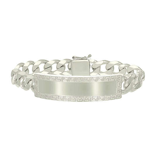 Sterling Silver Mens Cuban Link Greek Key ID Bracelet Size 8 Inches