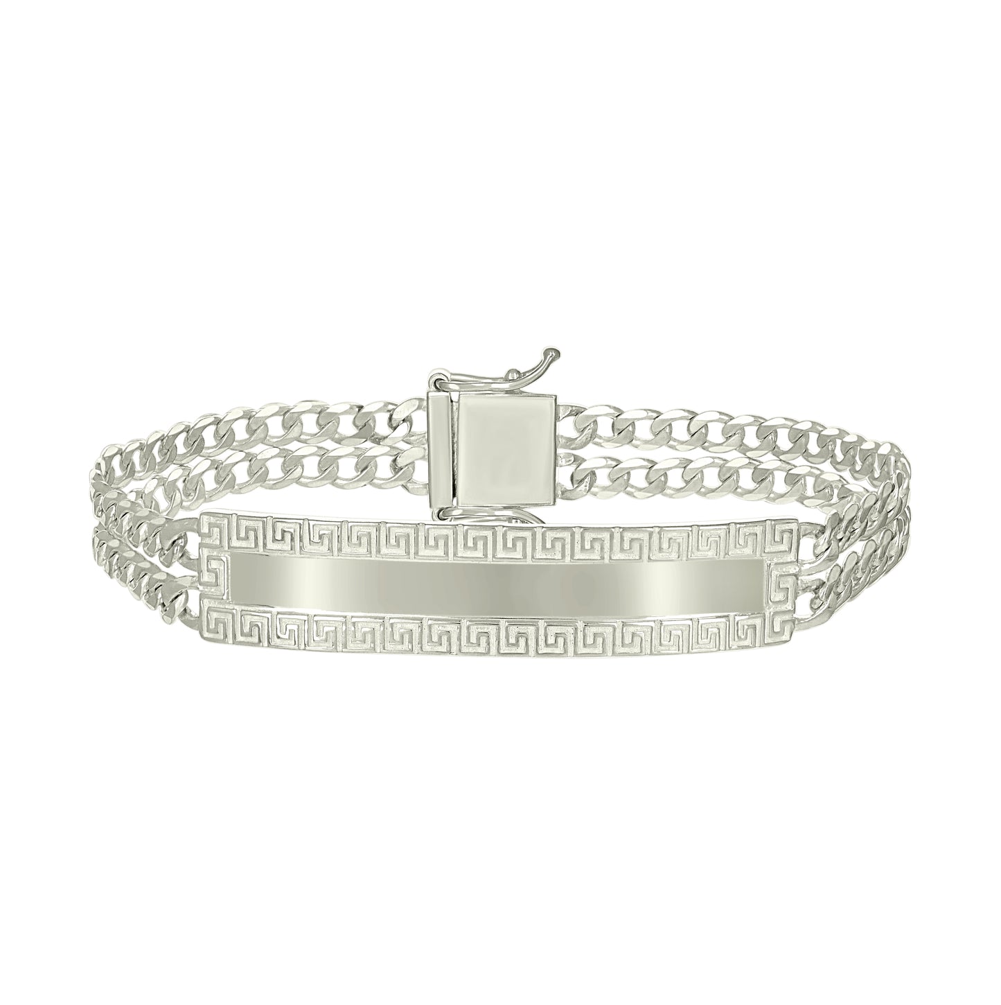 Sterling Silver Mens Cuban Link Greek Key ID Bracelet Size 8 Inches