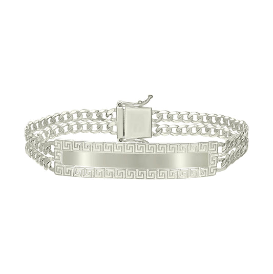 Sterling Silver Mens Cuban Link Greek Key ID Bracelet Size 8 Inches