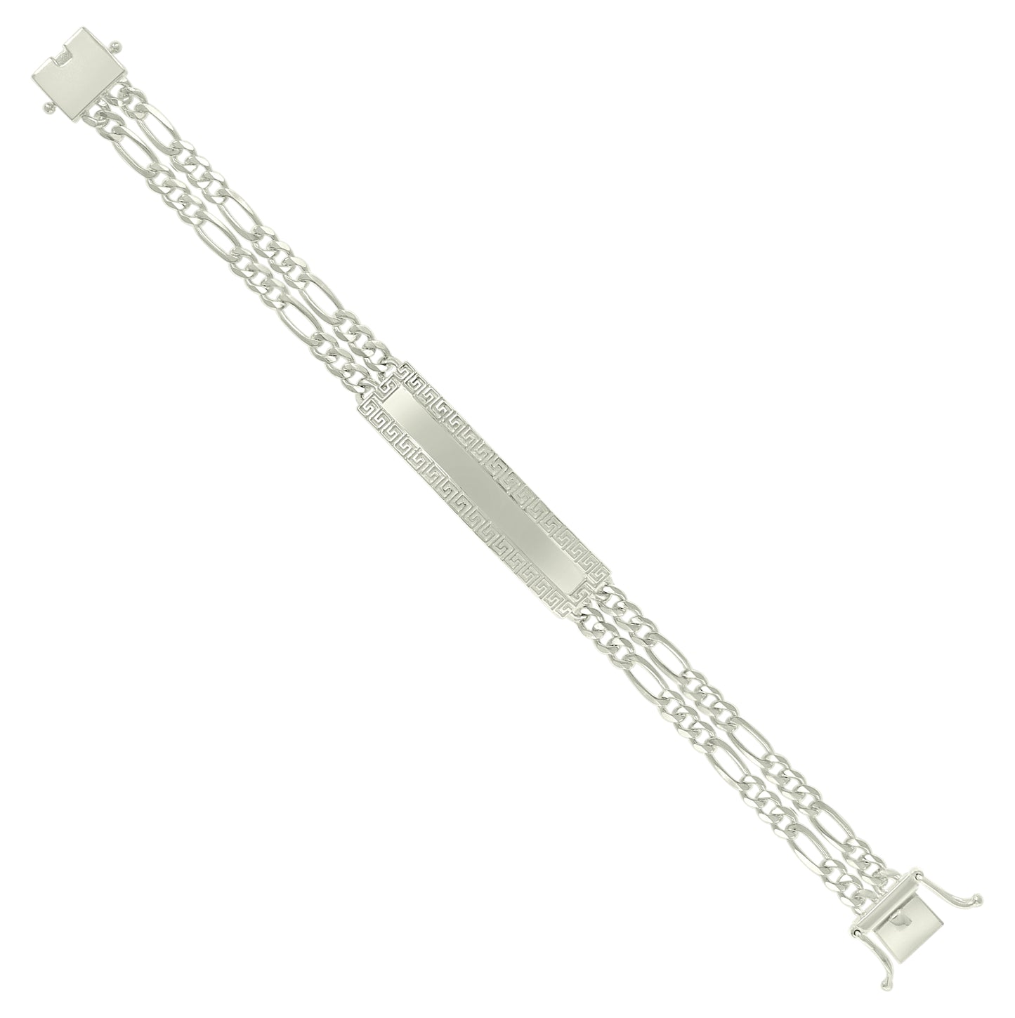 Sterling Silver Mens Figaro Link Greek Key ID Bracelet Size 8 Inches