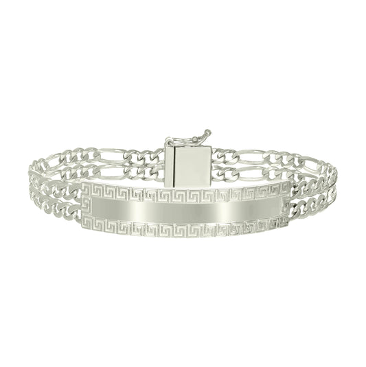 Sterling Silver Mens Figaro Link Greek Key ID Bracelet Size 8 Inches