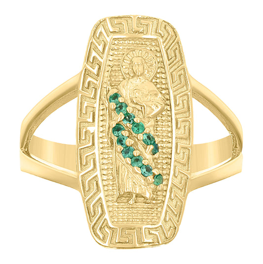 10K Yellow Gold Womens Green Cubic-Zirconia St. Jude Religious Greek Key Patterned Ring