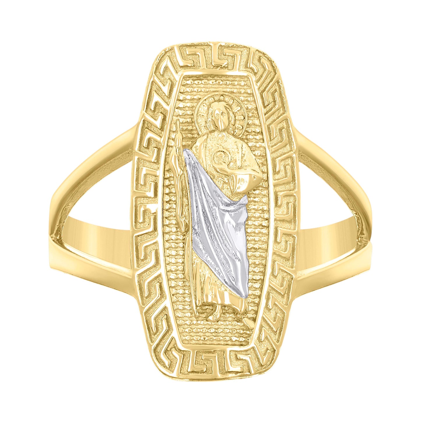 10K Two-tone Gold Womens St. Jude Religious Greek Key Patterned Ring
