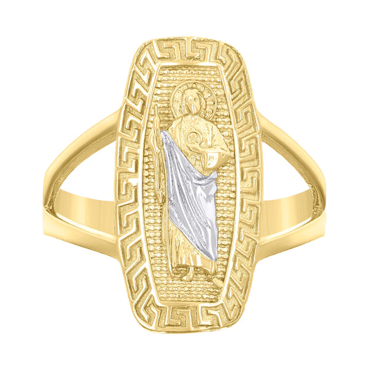 10K Two-tone Gold Womens St. Jude Religious Greek Key Patterned Ring