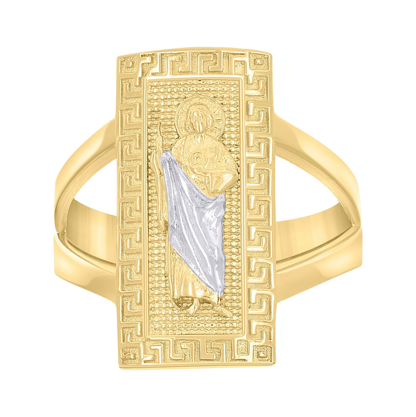 10K Two-tone Gold Womens St. Jude Religious Greek Key Ring