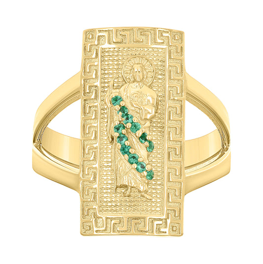 10K Yellow Gold Womens Green Cubic-Zirconia St. Jude Religious Greek Key Patterned Ring