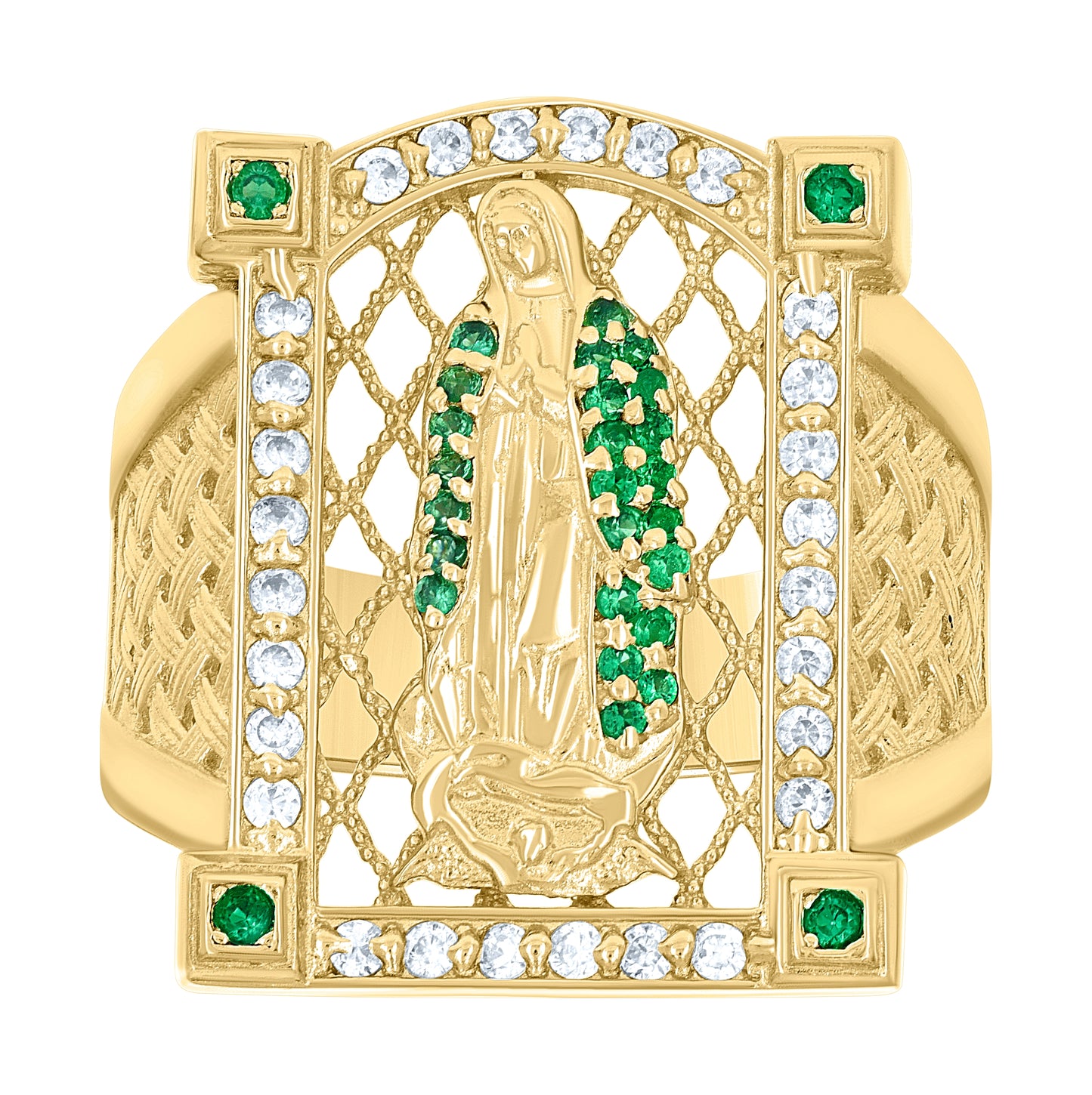10K Yellow Gold Mens Green White Cubic-Zirconia Guadalupe Religious Ring