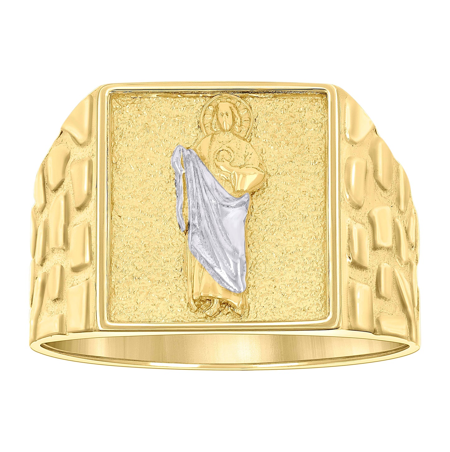 10K Two-tone Gold Mens St. Jude Religious Square Head Nugget Ring