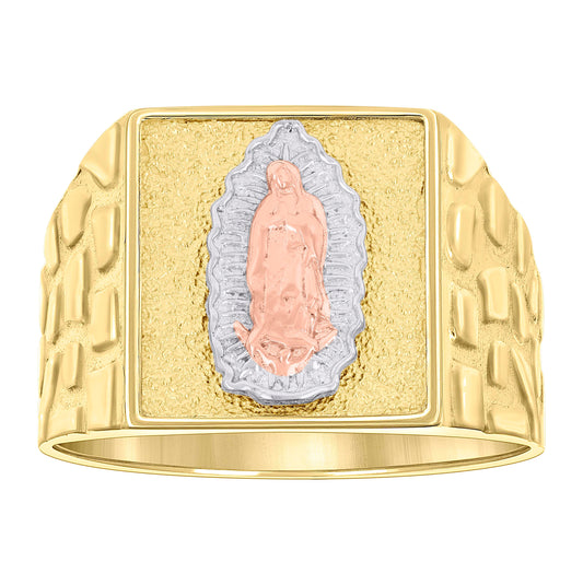 10K Tri-Color Gold Mens Square Head Guadalupe Religious Nugget Ring