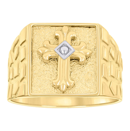 10K Two-tone Gold Mens Cross Religious Square Head Nugget Ring