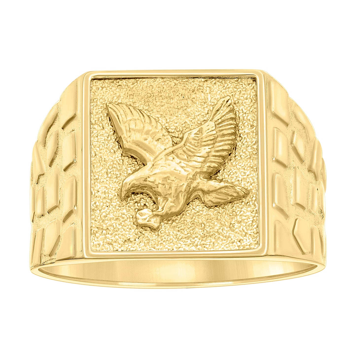 10K Yellow Gold Mens Eagle Bird Wildlife Square Head Nugget Ring
