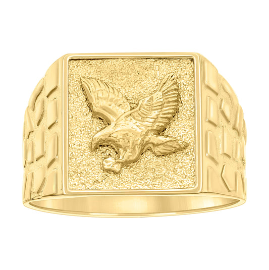 10K Yellow Gold Mens Eagle Bird Wildlife Square Head Nugget Ring