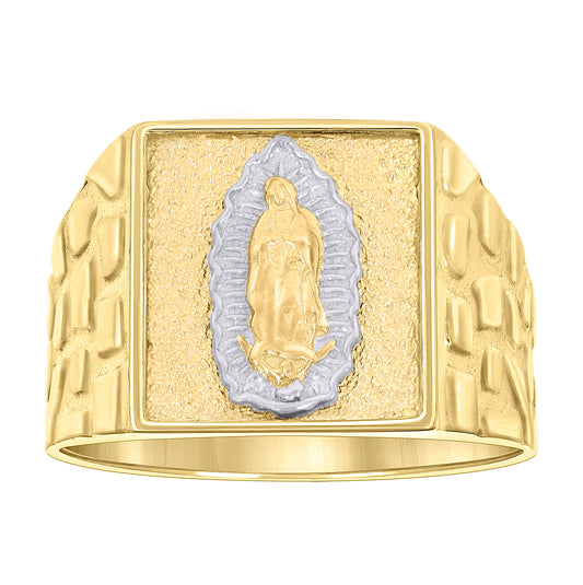 10K Two-tone Gold Mens Square Head Guadalupe Religious Nugget Ring
