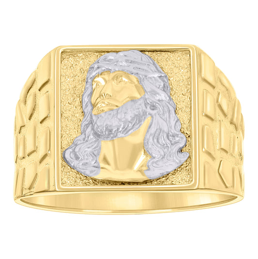 10K Two-tone Gold Mens Square Head Jesus Religious Nugget Ring