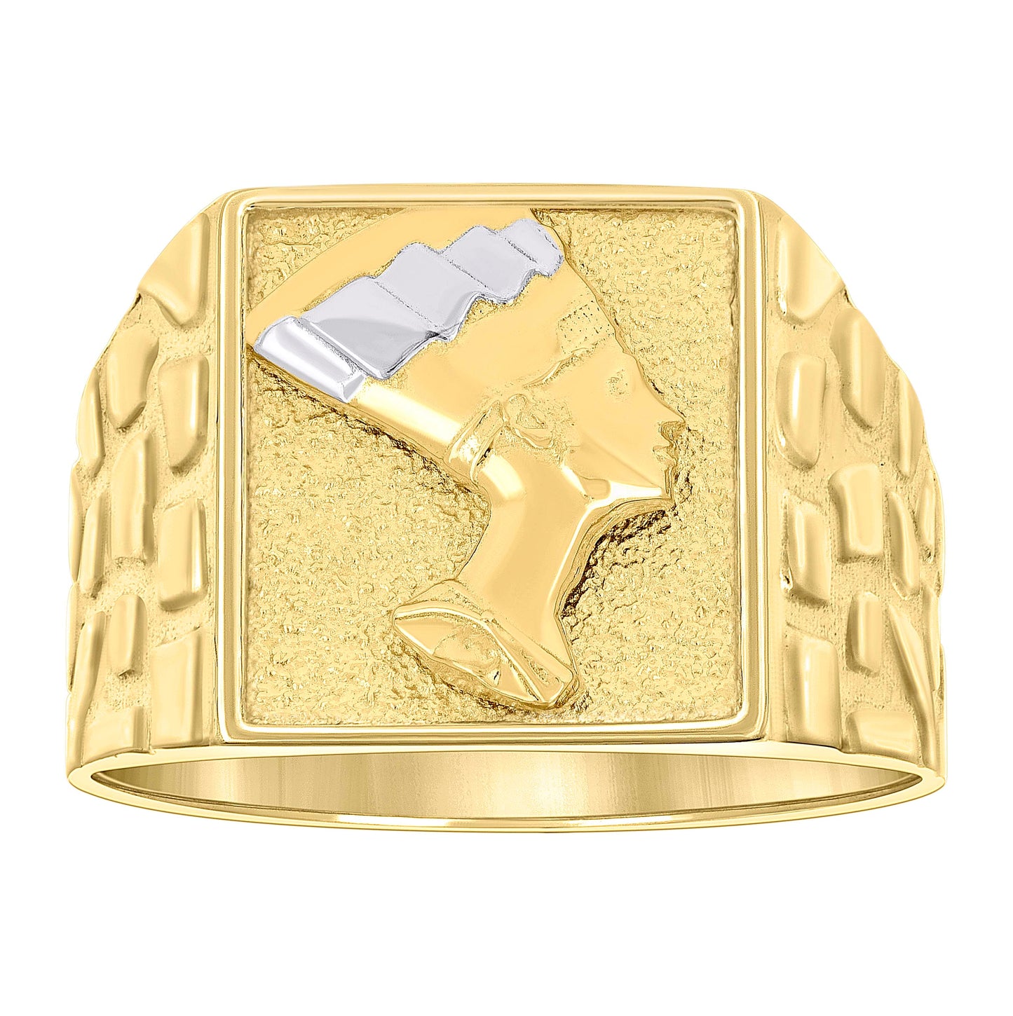 10K Two-tone Gold Mens Square Head Nefertiti Egyptian Nugget Ring