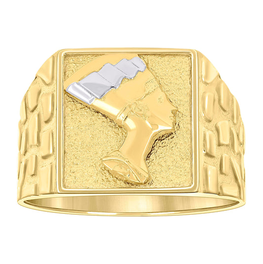 10K Two-tone Gold Mens Square Head Nefertiti Egyptian Nugget Ring