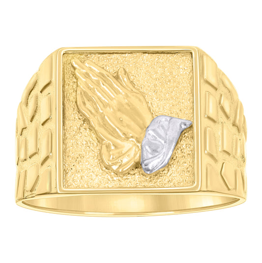 10K Two-tone Gold Mens Praying Hands Symbol Religious Square Head Nugget Ring
