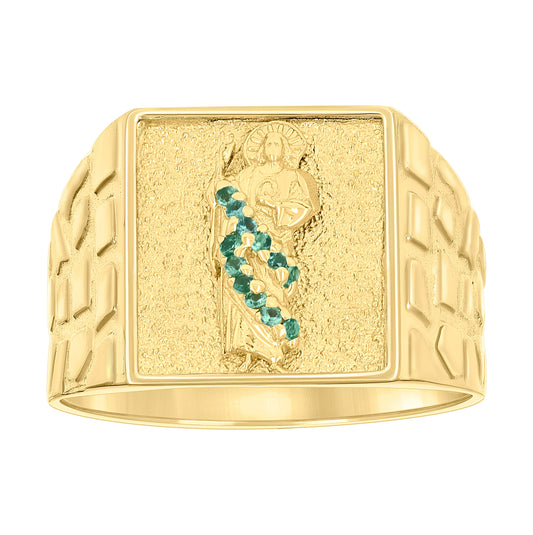 10K Yellow Gold Mens Green Cubic-Zirconia St. Jude Religious Square Head Nugget Ring