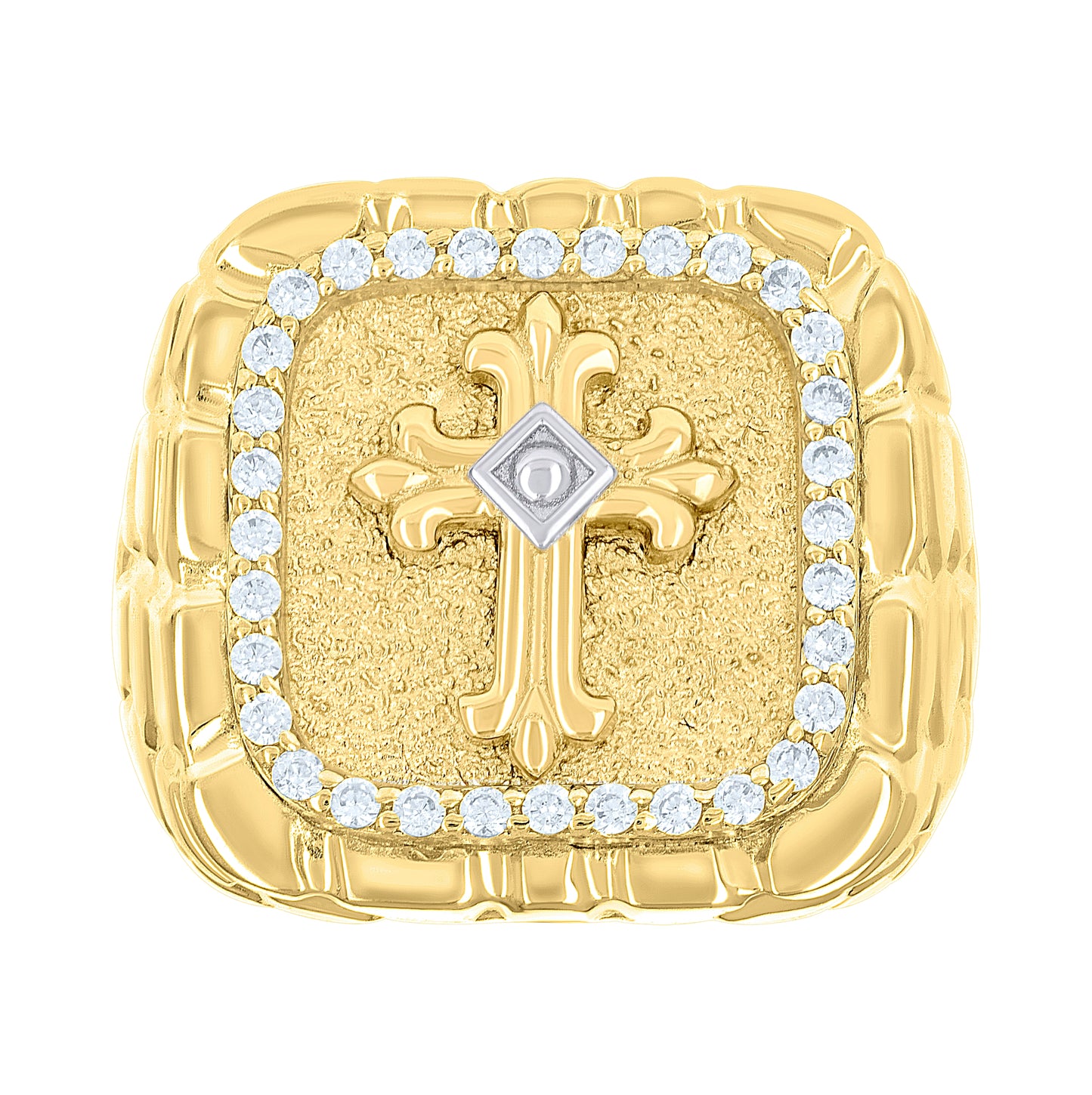 10K Two-tone Gold Mens Cubic-Zirconia Cross Religious Square Head Nugget Ring