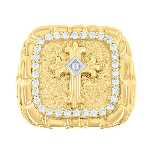 10K Two-tone Gold Mens Cubic-Zirconia Cross Religious Square Head Nugget Ring