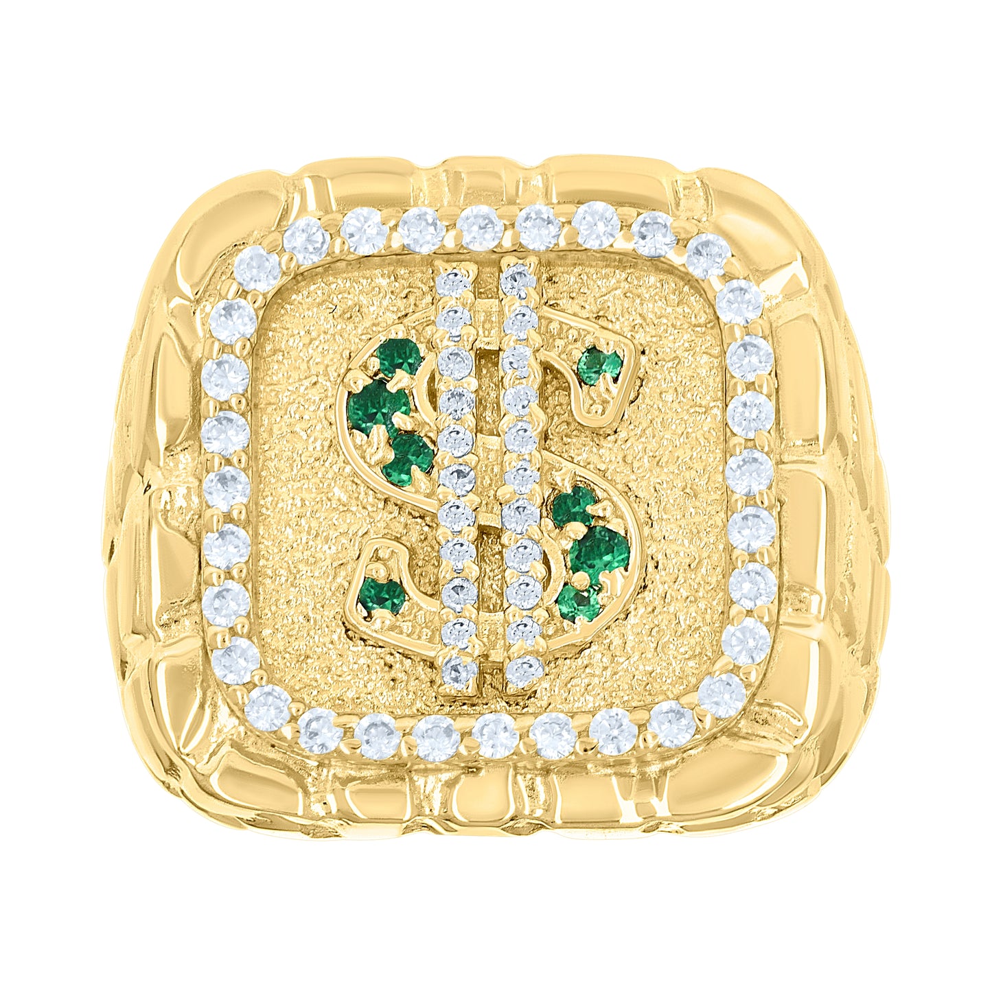 10K Yellow Gold Mens Green White Cubic-Zirconia Square Head Dollar Sign Currency Nugget Ring
