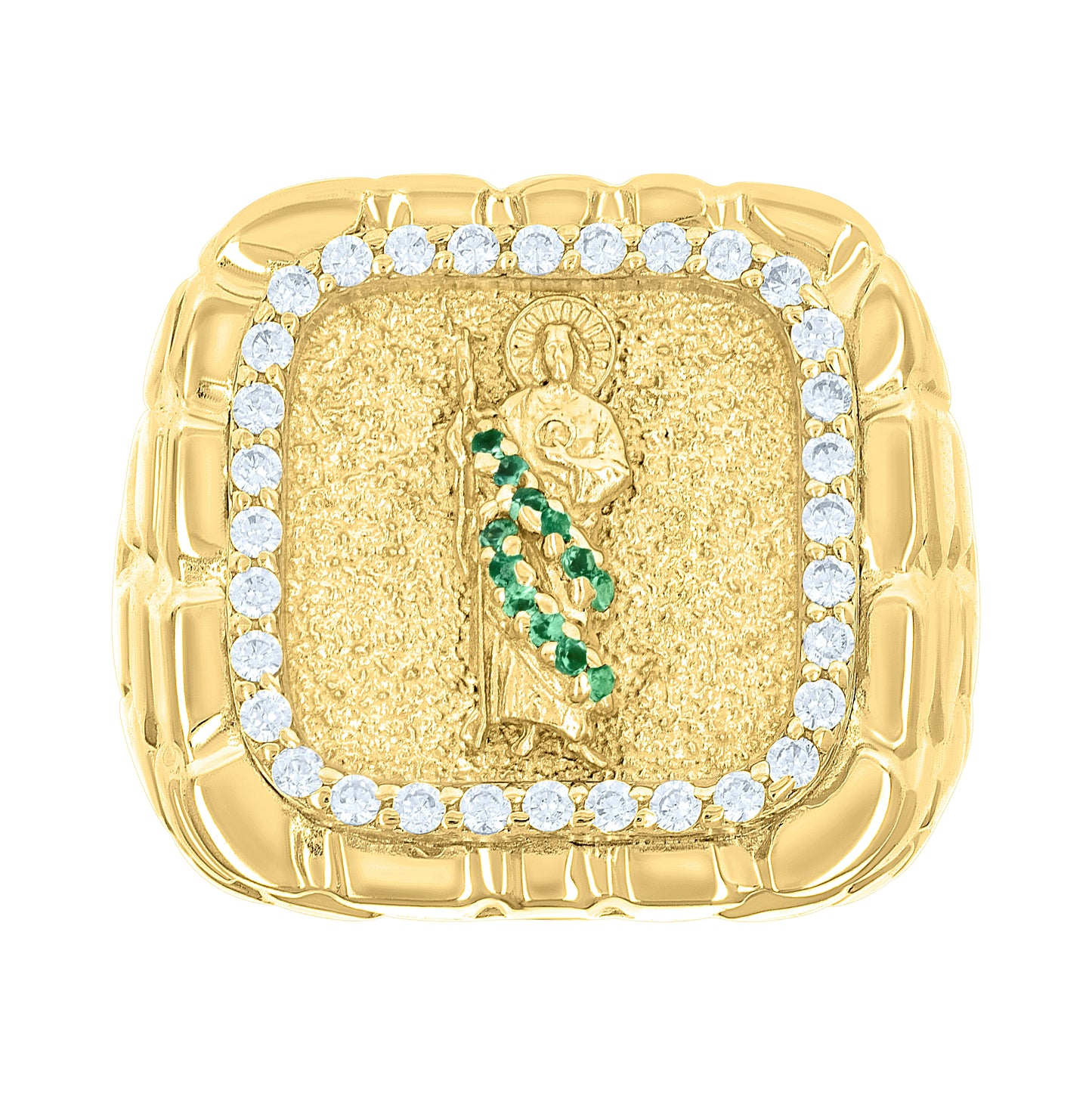 10K Yellow Gold Mens Green White Cubic-Zirconia St. Jude Religious Square Head Nugget Ring