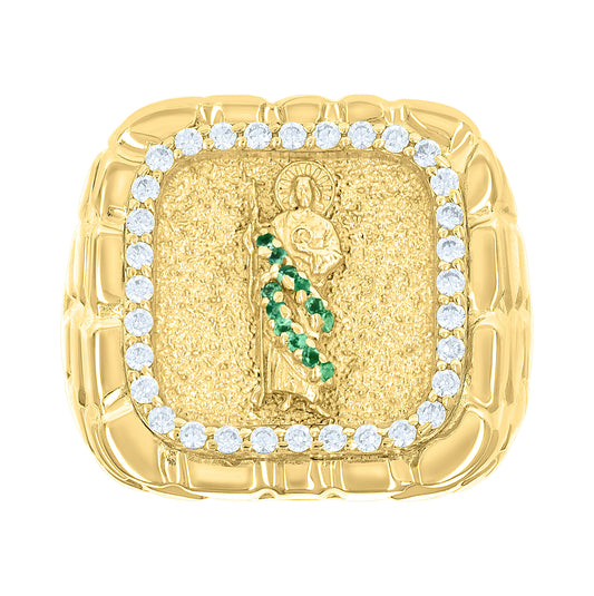 10K Yellow Gold Mens Green White Cubic-Zirconia St. Jude Religious Square Head Nugget Ring