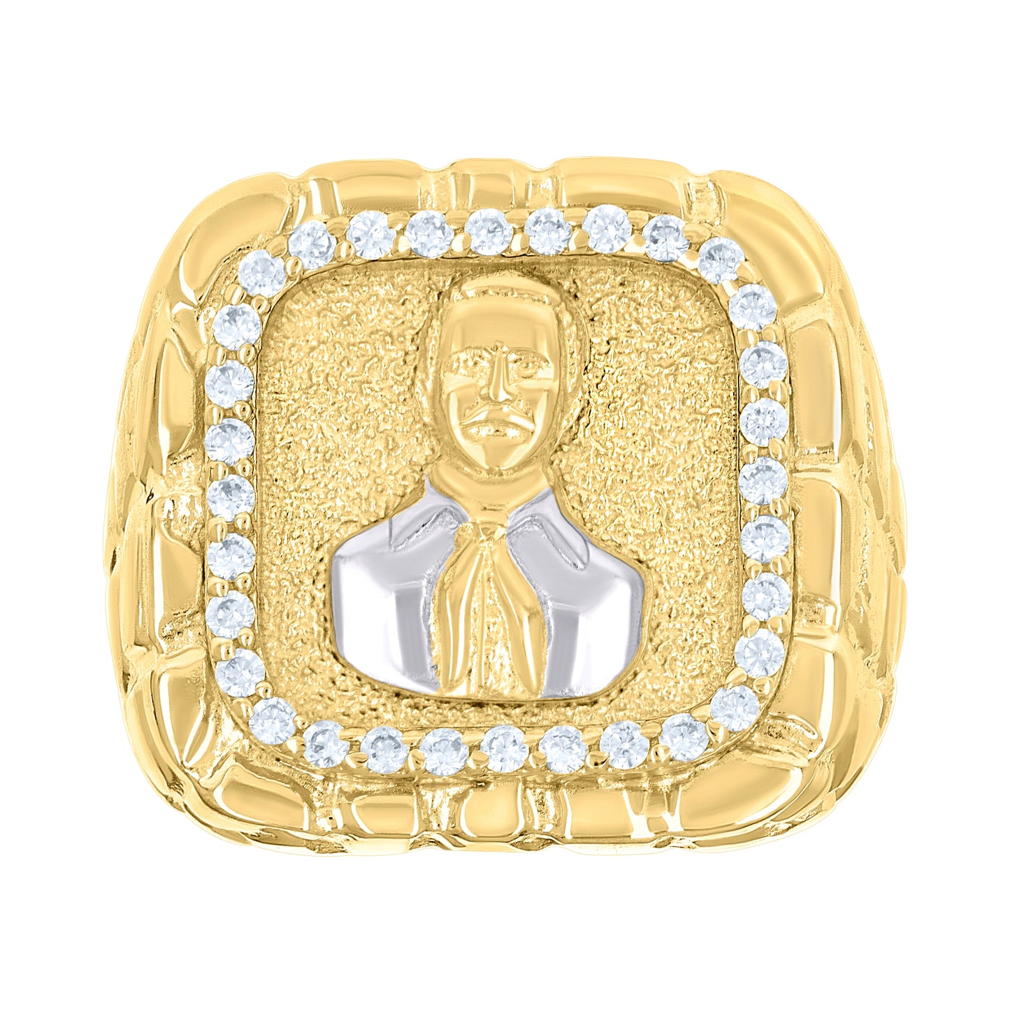 10K Two-tone Gold Mens Cubic-Zirconia St. Jesús Malverde Religious Square Head Nugget Ring