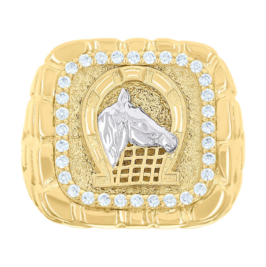 10K Two-tone Gold Mens Cubic-Zirconia Horse Head Horseshoe Good Luck Square Head Nugget Ring