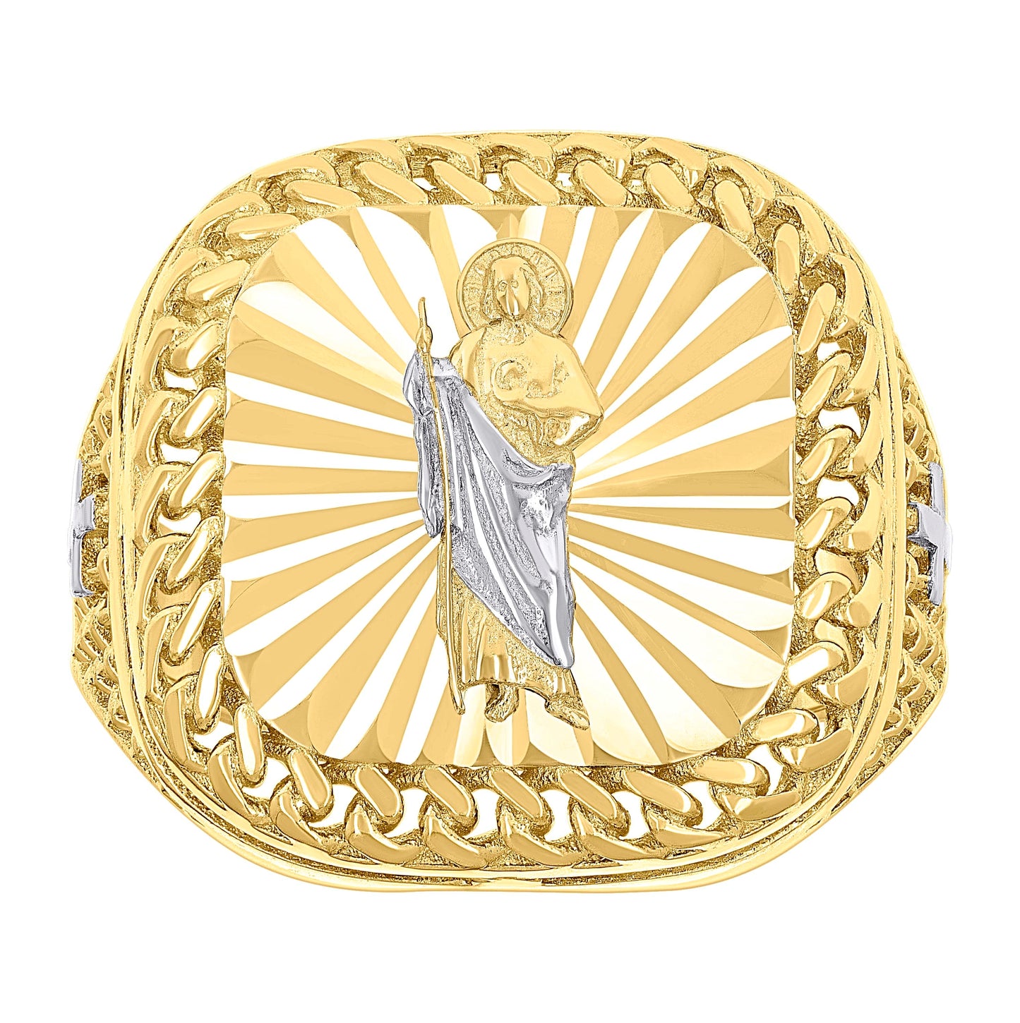 10K Two-tone Gold Mens St. Jude Religious Square Head Cuban Border Ring
