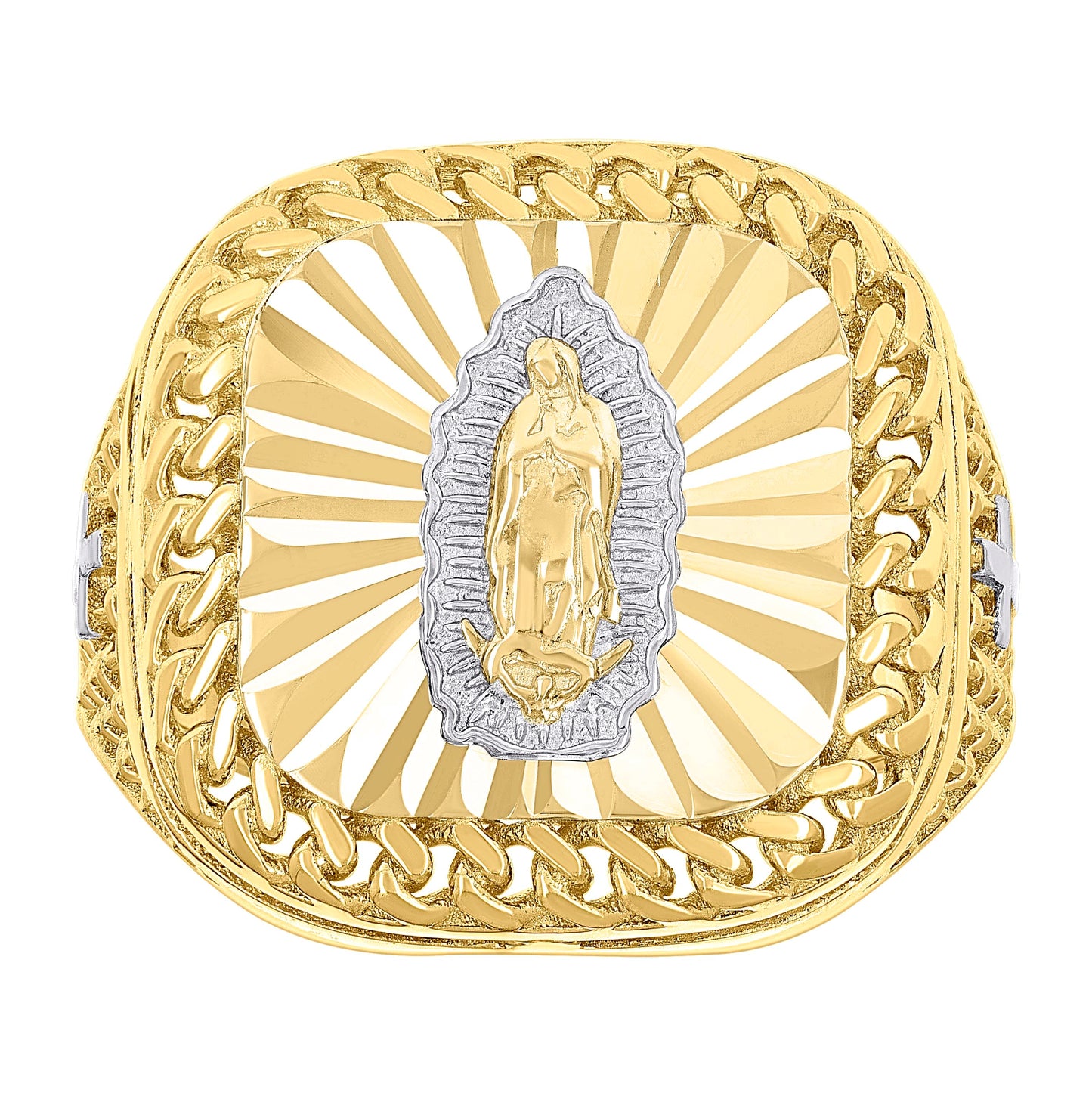 10K Two-tone Gold Mens Square Head Guadalupe Religious Cuban Border Ring