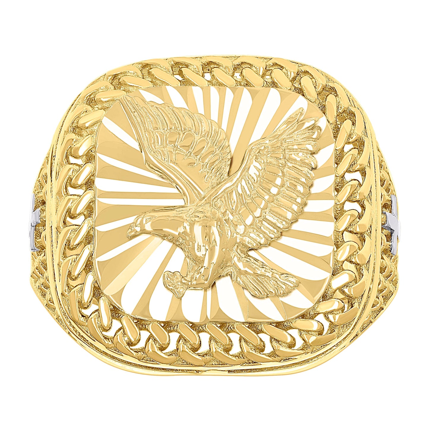 10K Two-tone Gold Mens Eagle Bird Wildlife Square Head Cuban Border Ring