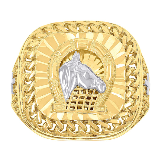 10K Two-tone Gold Mens Horse Head Horseshoe Good Luck Square Head Cuban Border Ring
