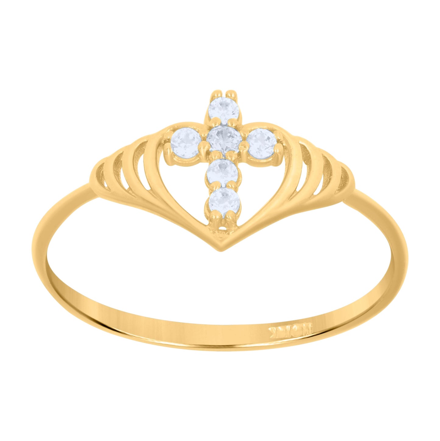 10K Yellow Gold Cubic-Zirconia Womens Polished Finish Heart Cross Religious Ring