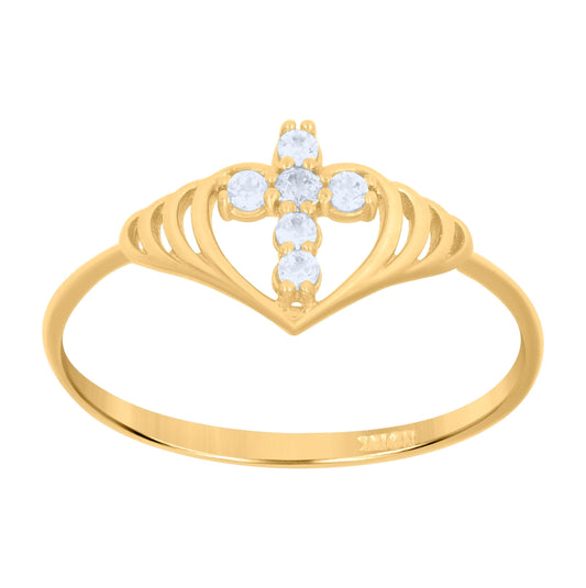 10K Yellow Gold Cubic-Zirconia Womens Polished Finish Heart Cross Religious Ring