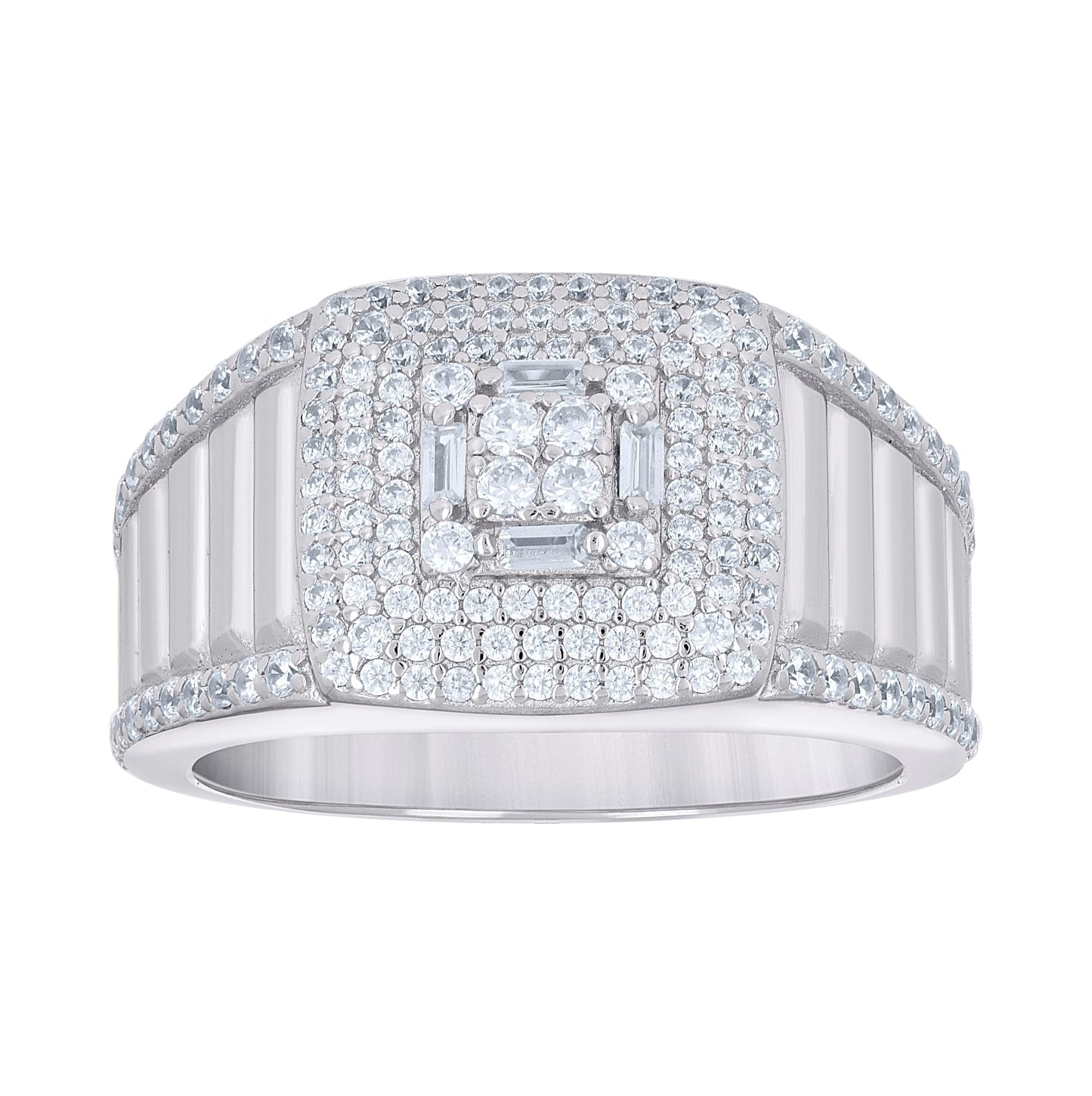 Sterling Silver Men's Round Baguette Cubic-Zirconia Square Head Fashion Bridal Anniversary Wedding Engagement Band Ring