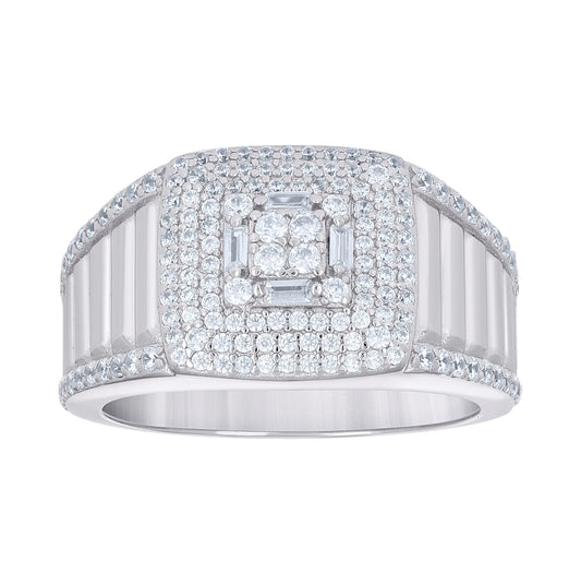 Sterling Silver Men's Round Baguette Cubic-Zirconia Square Head Fashion Bridal Anniversary Wedding Engagement Band Ring