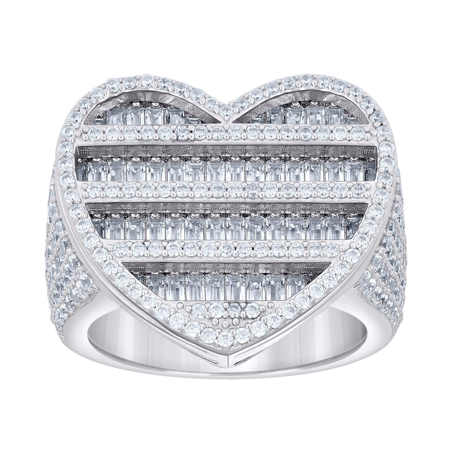 Sterling Silver Women's Round Baguette Cubic-Zirconia Cluster Heart Bridal Anniversary Wedding Engagement Band Ring