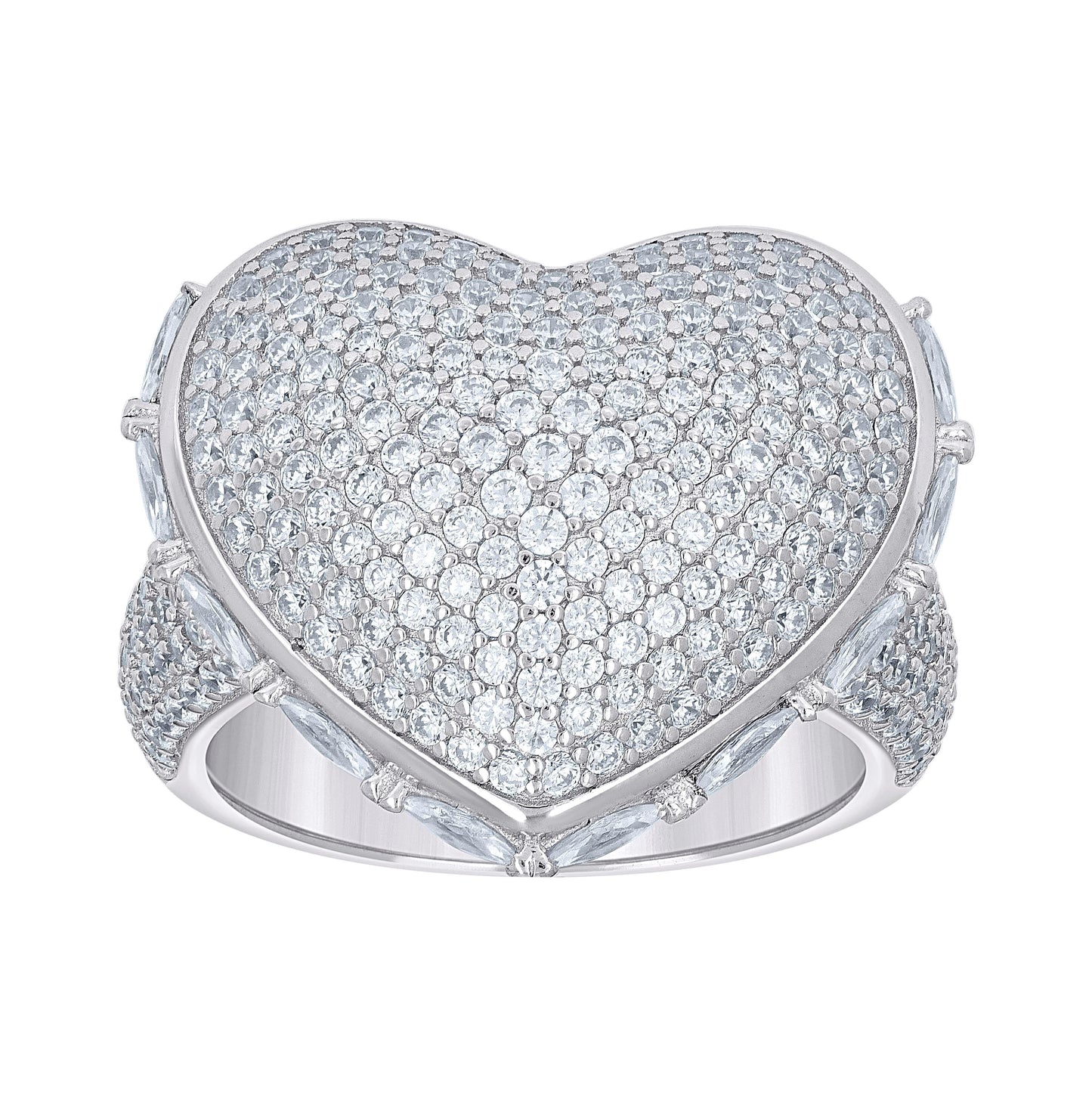 Sterling Silver Womens Round Baguette Cubic-Zirconia Cluster Heart Bridal Anniversary Wedding Engagement Band Ring
