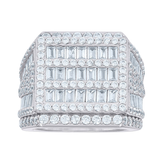 Sterling Silver Men's Baguette Round Cubic-Zirconia Square Head Fashion Bridal Anniversary Wedding Engagement Band Ring