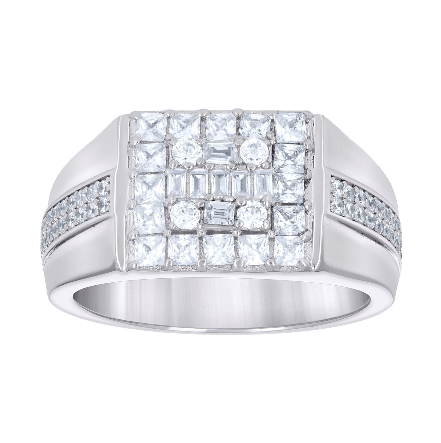 Sterling Silver Mens Round Baguette Cubic-Zirconia Square Head Fashion Bridal Anniversary Wedding Engagement Band Ring