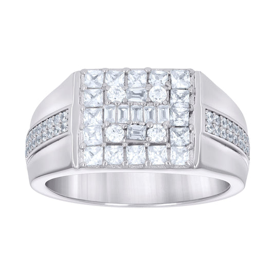 Sterling Silver Mens Round Baguette Cubic-Zirconia Square Head Fashion Bridal Anniversary Wedding Engagement Band Ring