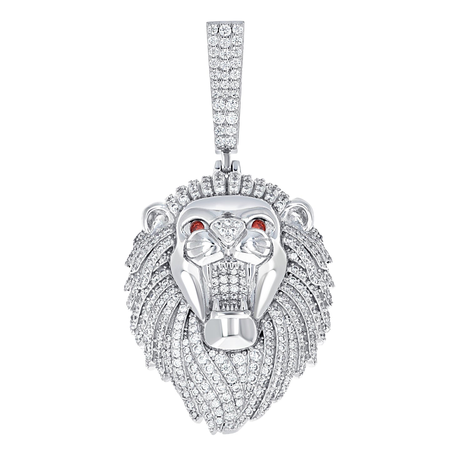 Sterling Silver Mens White Red Cubic-Zirconia Leo/Lion Head Zodiac Sign/Wildlife Charm Pendant