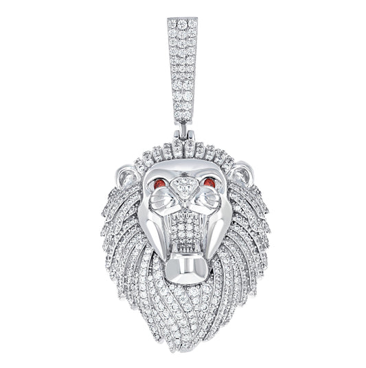 Sterling Silver Mens White Red Cubic-Zirconia Leo/Lion Head Zodiac Sign/Wildlife Charm Pendant