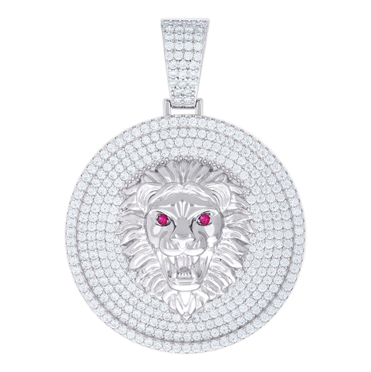 Sterling Silver Mens White Pink Cubic-Zirconia Lion Head Animal Wildlife Pendant