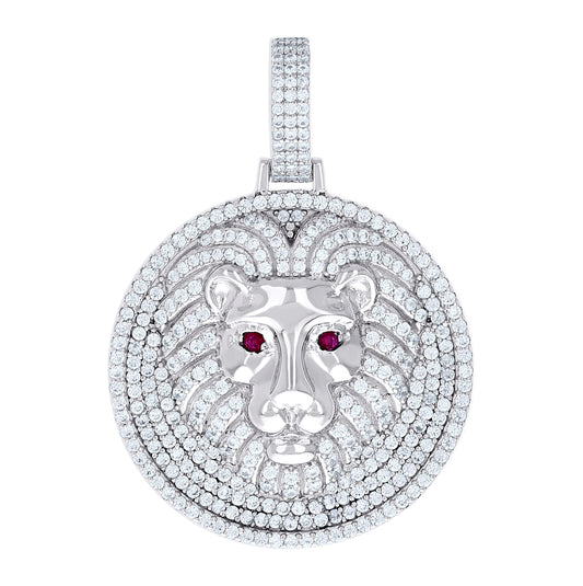 Sterling Silver Mens White Red Cubic-Zirconia Lion Head Animal Wildlife Pendant